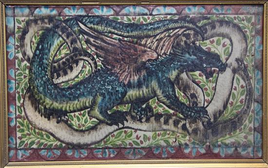 Attributed to John Pearson. An Arts & Crafts dragon and serpent pottery plaque, c.1905, 29 x 50.5cm, gilt frame